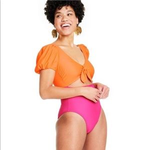 NWT Size S Colorblock Puff Sleeve Tie-Front One Piece Swimsuit - Tabitha Brown